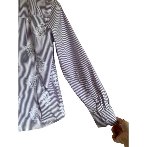 Talbots Perfect Purple White Floral Striped Non-Iron Collared Button Front Long - Picture 7 of 12